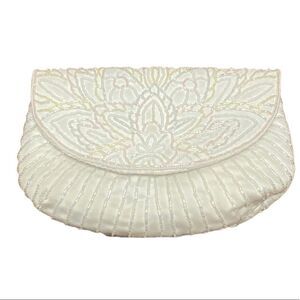 White wedding Prom beaded satin clutch with string crossbody all beads in tact